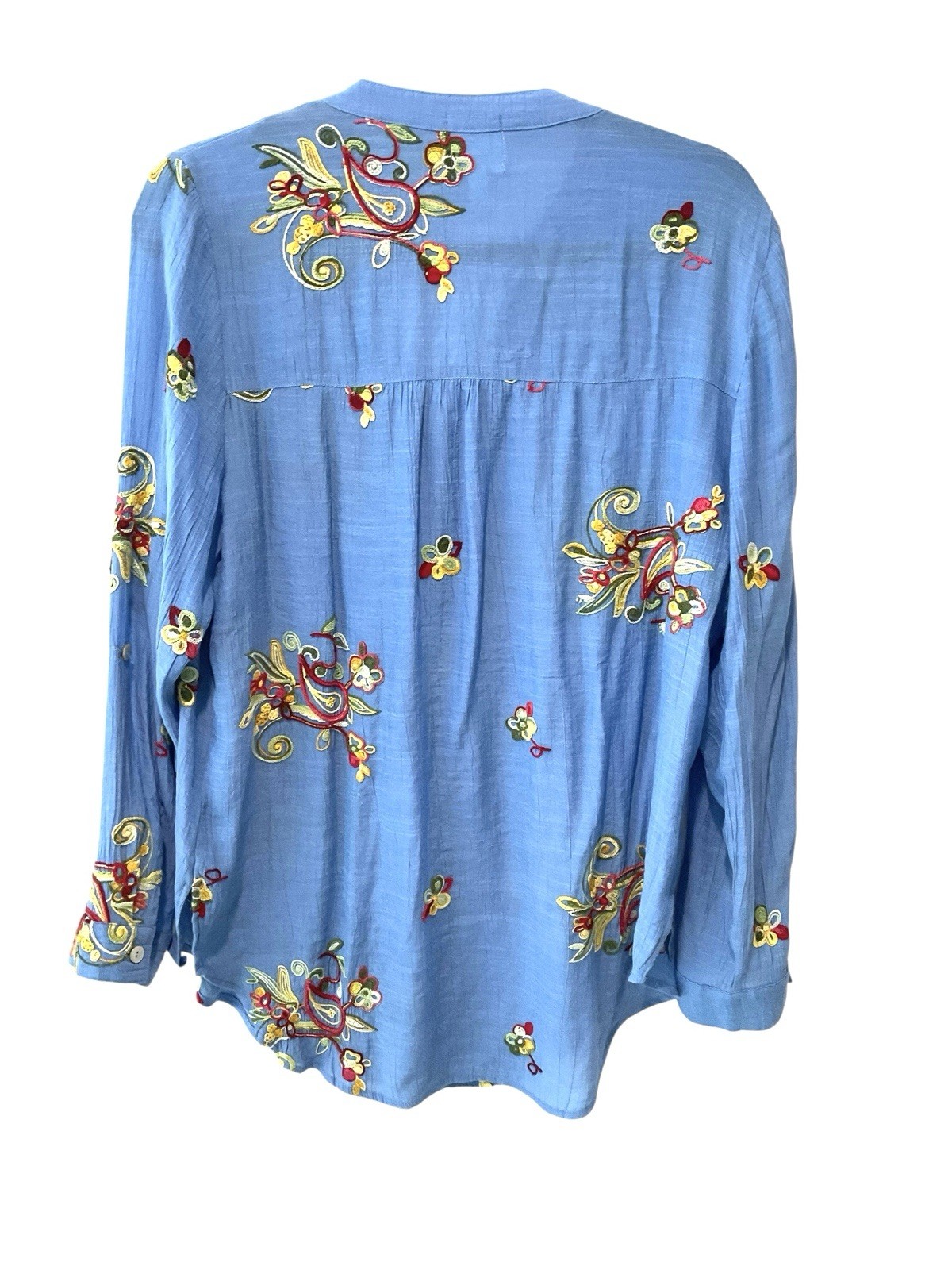 Fig & Flower Blue Floral Embroidered Boho Button Down Blouse Large