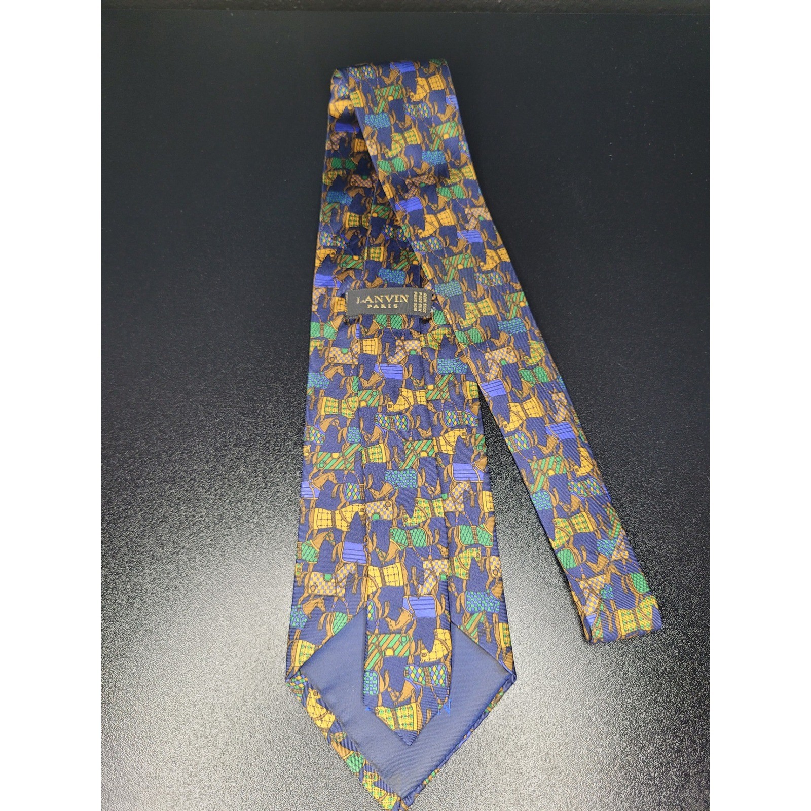 Lanvin Men’s Necktie Blue Equestrian Horse Silk 3.5″ x 57″ Excellent