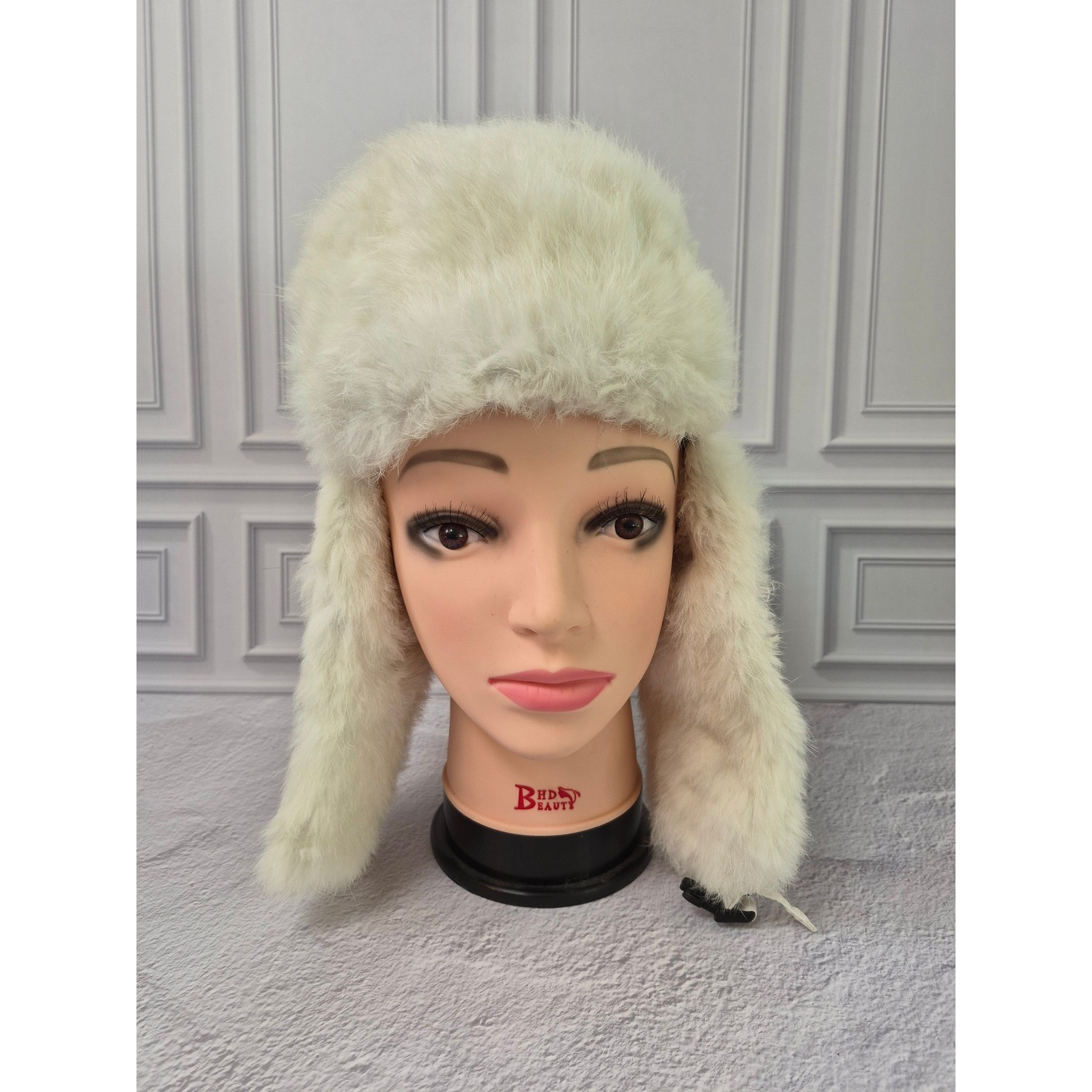 Mad Bomber White Trapper Hat Genuine Rabbit Fur Trim Aviator Winter Cap Womens