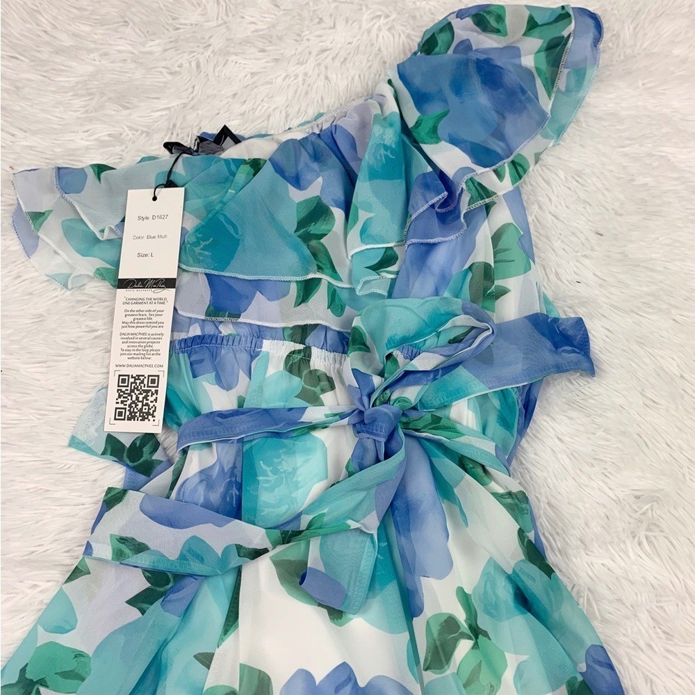 Dalia McPhee one shoulder ruffle floral chiffon maxi dress elastic waist blue