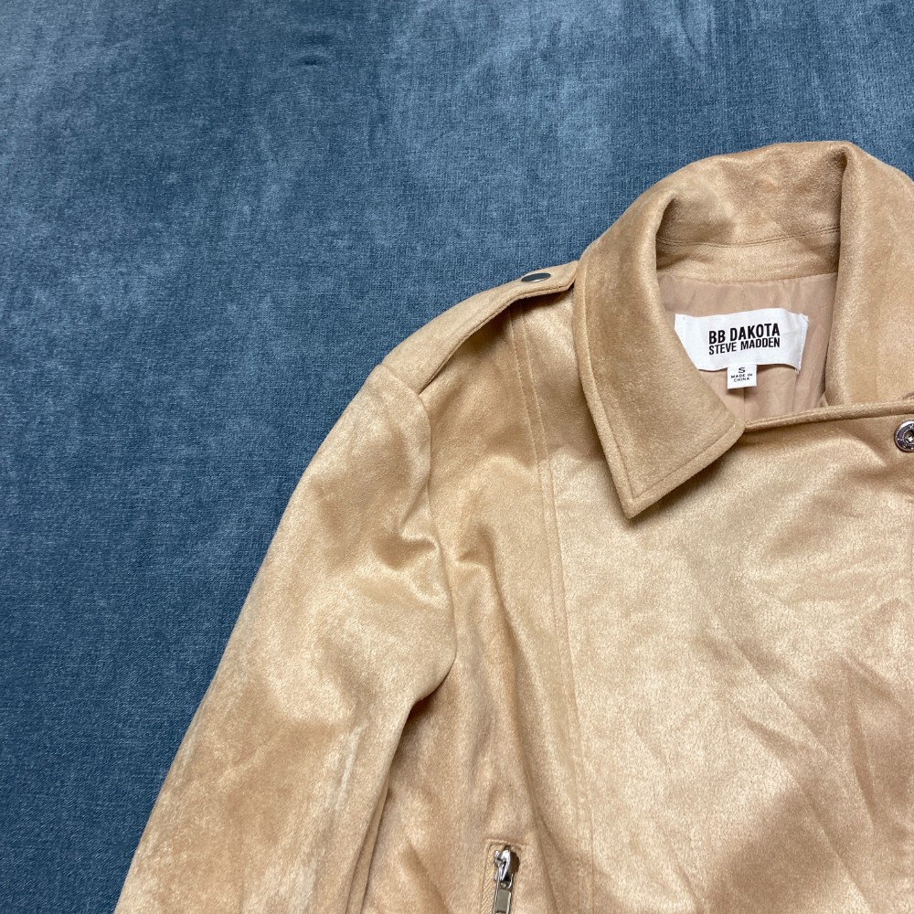 BB Dakota Steve Madden Motorcycle Jacket Womens Small Tan Stretch Faux Suede