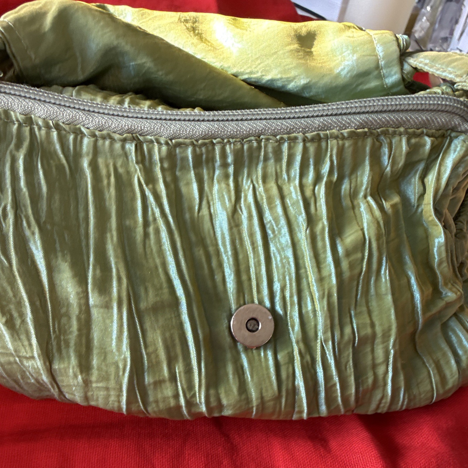 Green Ruffle Bow Beaded Floral Shoulder Bag Silver Hardware Zip Magnetic Lined