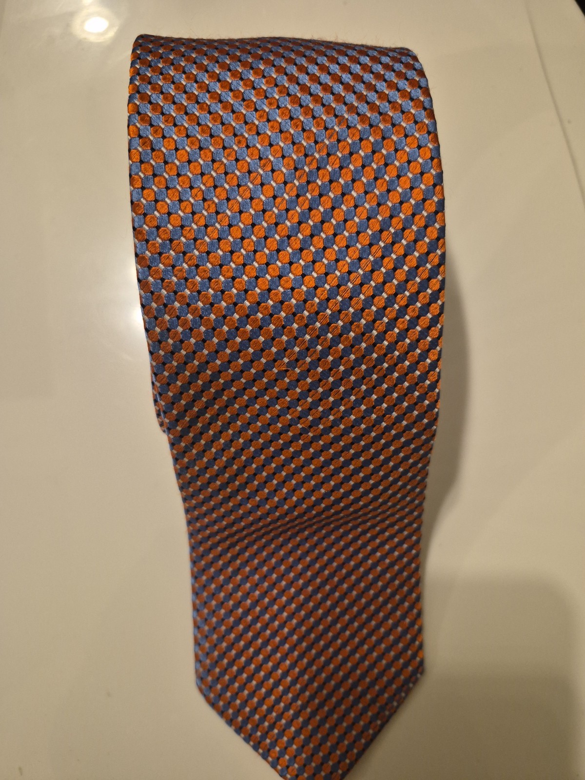 Eton Orange & Blue Geometric Woven Silk Men’s Designer Tie Made in England