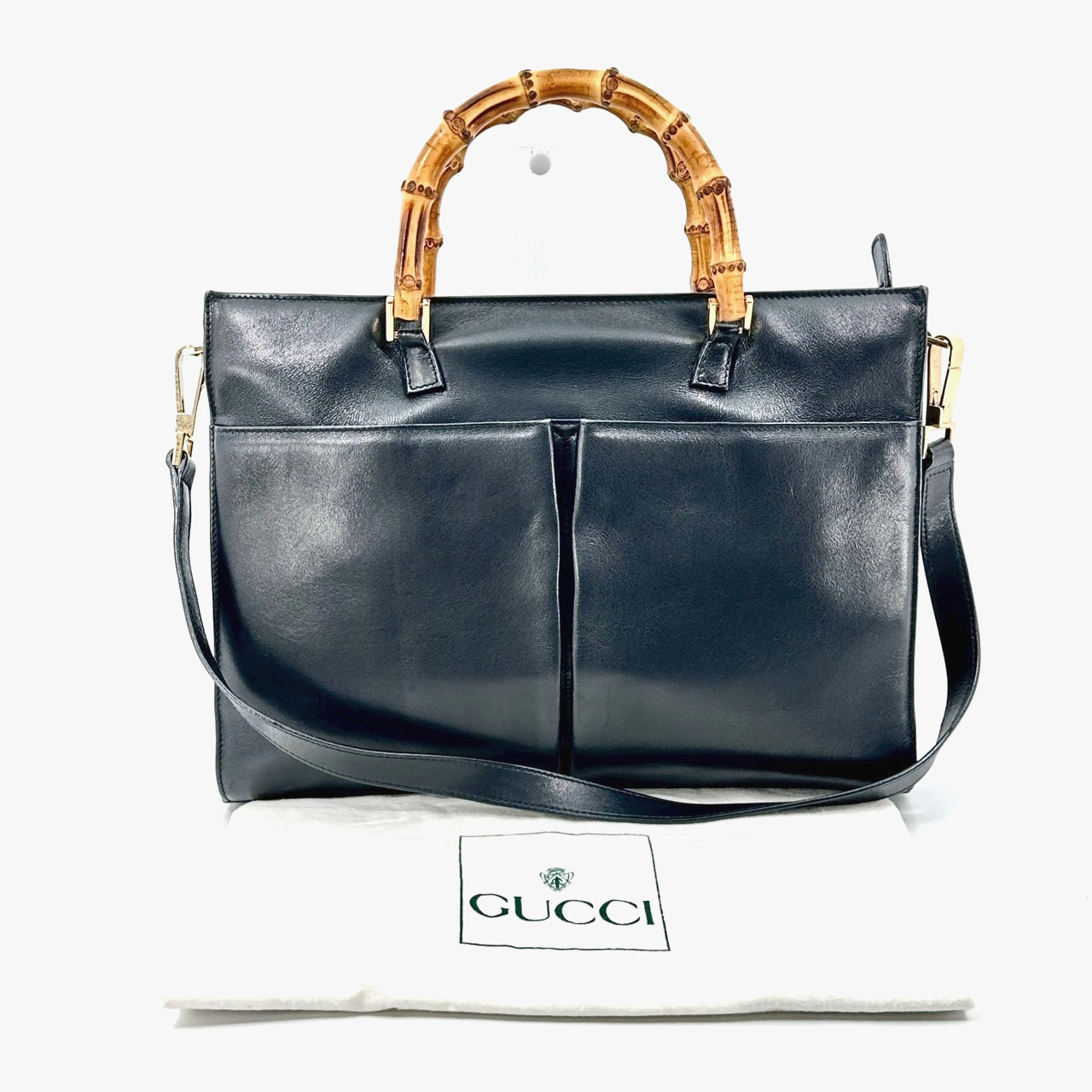 Vintage Gucci Bamboo Tote Bag Shoulder Bag Black Leather Authentic