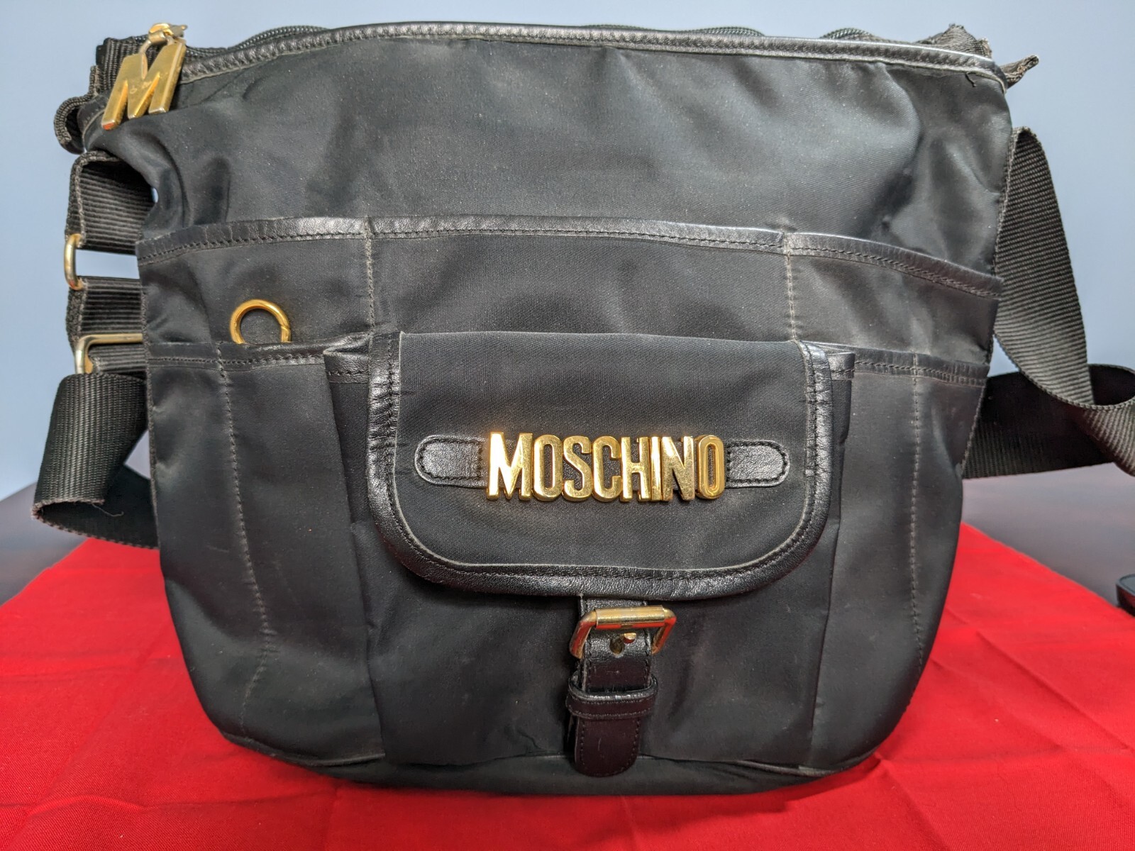 Vintage MOSCHINO by Redwall Black Nylon Crossbody Bag w/ Leather Trim