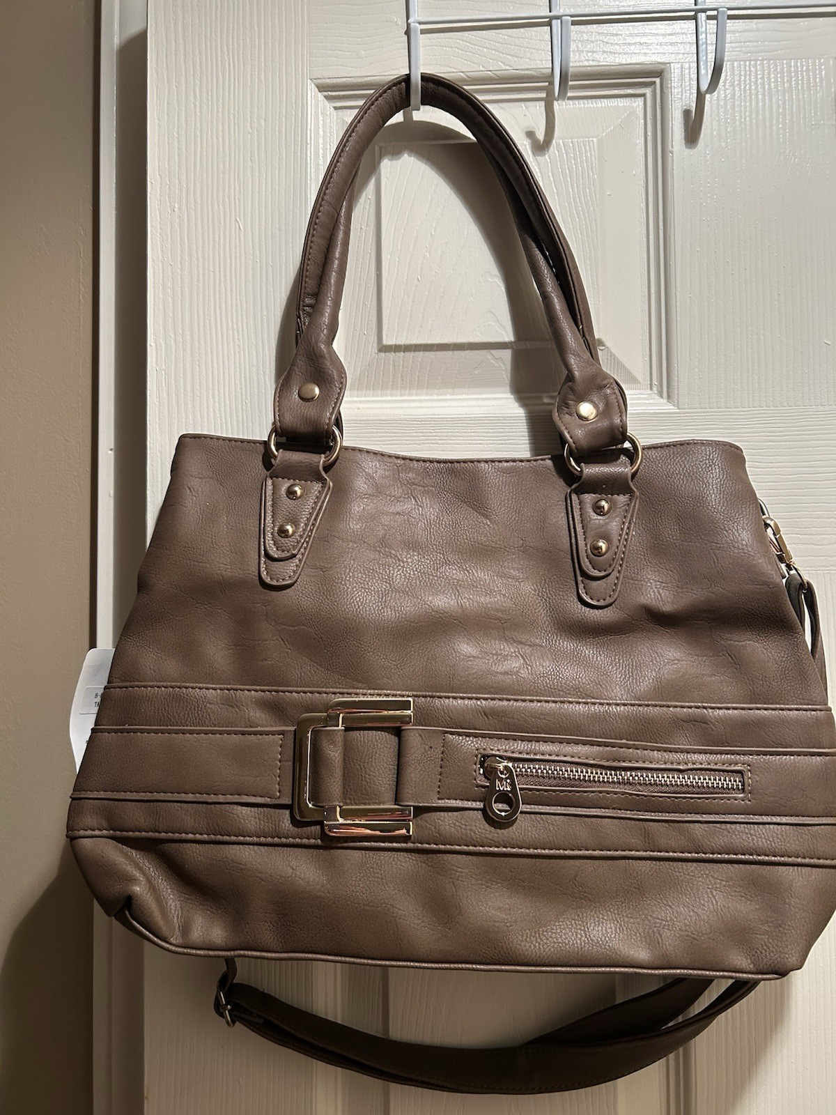 Women’s Brown Satchel Top Handle Bag Buckle Accent Zip Pocket Detachable Strap