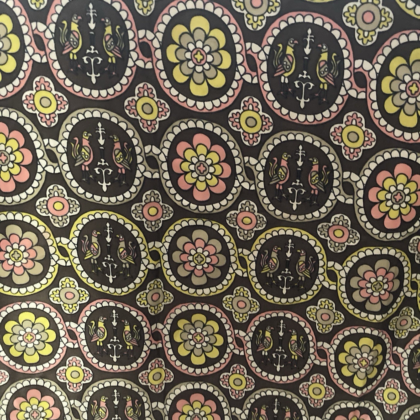 VTG ECHO Silk Scarf Flower & Bird Design Retro Brown/Yellow/Pink 27” Sq