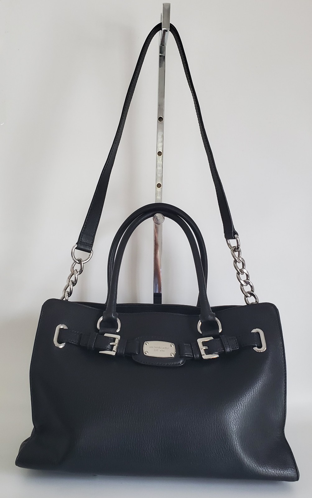MK HAMILTON BLACK PEBBLED LEATHER SATCHEL HAND BAG SILVERSTONE HARDWARE MEDIUM