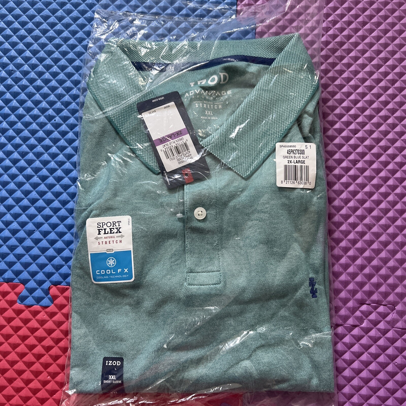 IZOD Men’s Natural Stretch Advantage Performance Polo Shirt Green Blue 2XL New