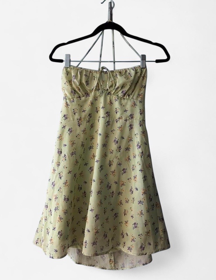 ginatricot Green/Purple Floral Sweetheart Strappy Lace-Up Back Mini Slip L