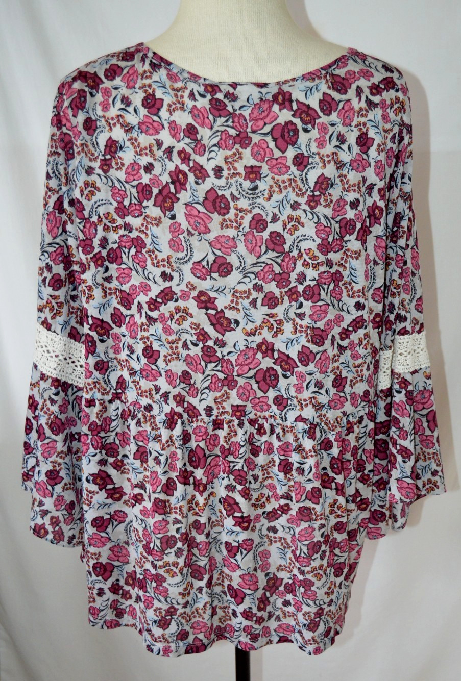 Style & Co Pink Burgundy Floral Print Peasant Top 1X Crochet Inset Bell Sleeves