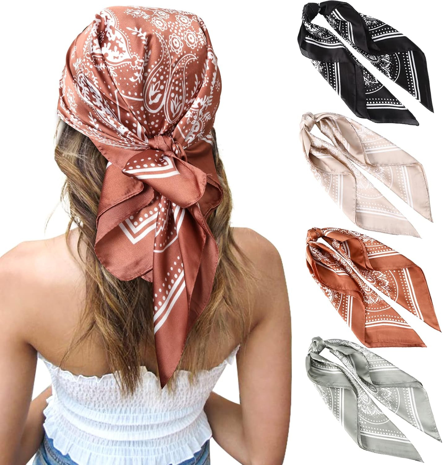 27 Inches Silk Feeling Square Head Scarf – 4 Pcs Satin Square Head Scarves for W