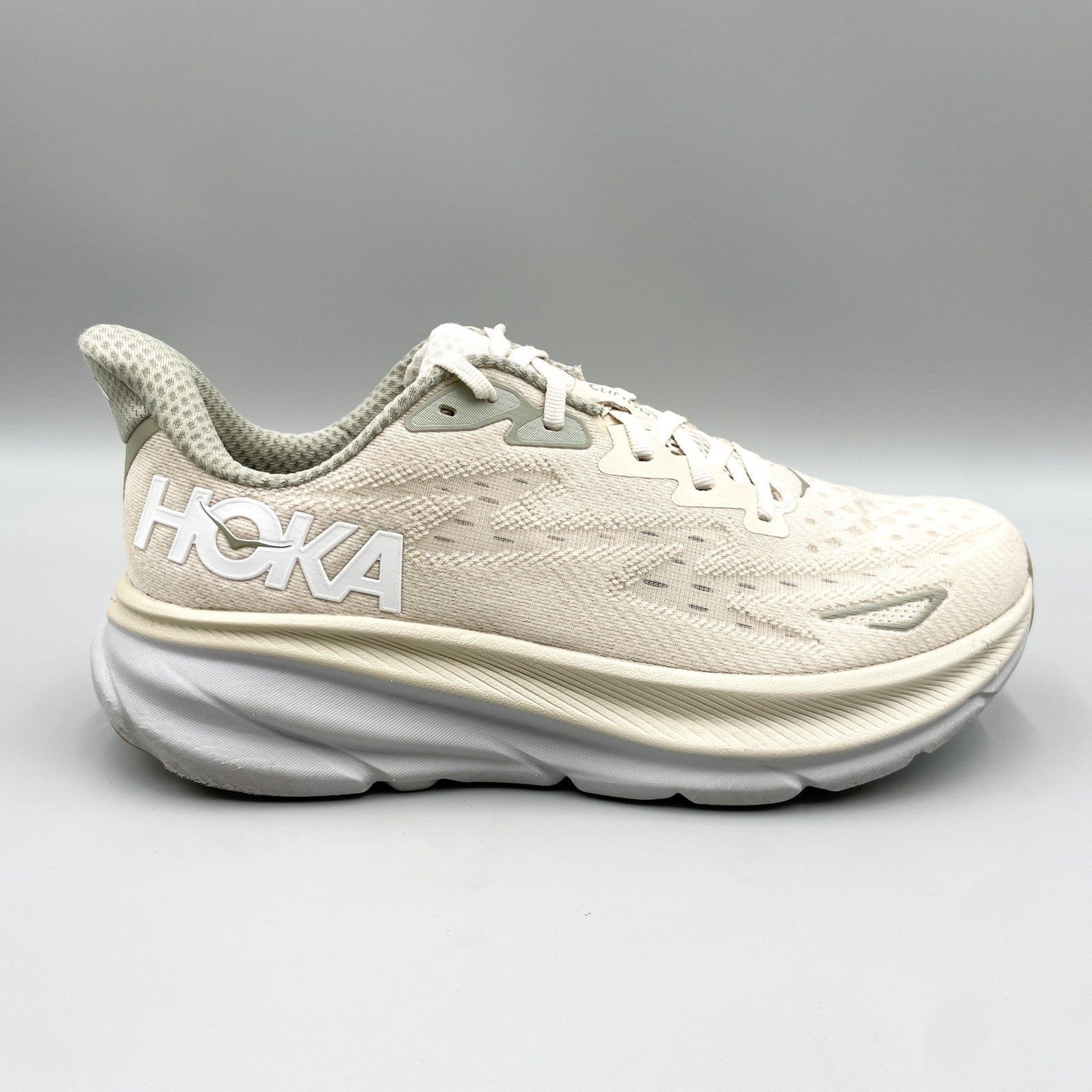 Hoka Clifton 9 Mens 9D Road Running Shoes Oat Milk Barley Chunky Sneaker Gym