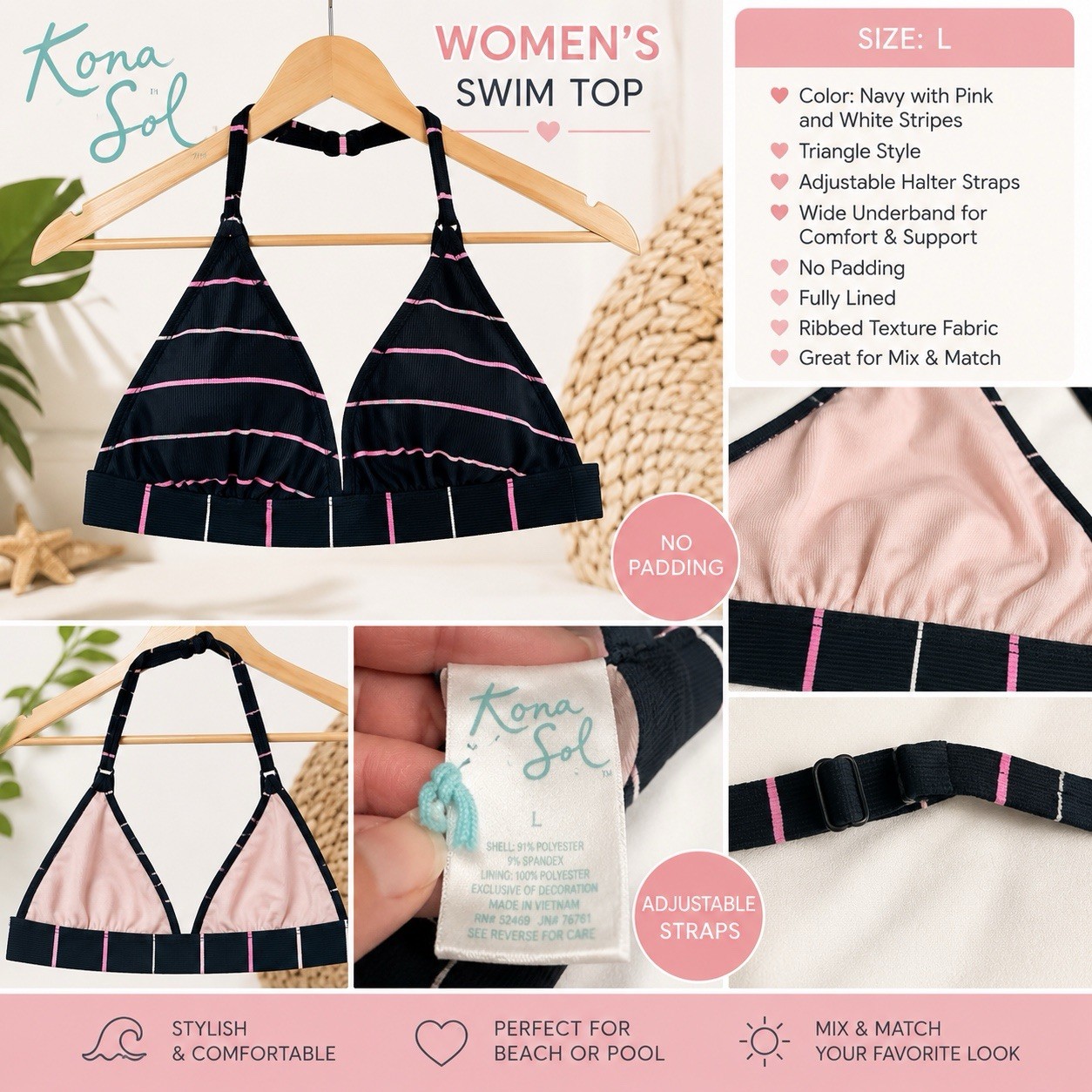 Kona Sol Women’s Triangle Halter Swim Top, L, Navy/Pink/White Stripe, Lined
