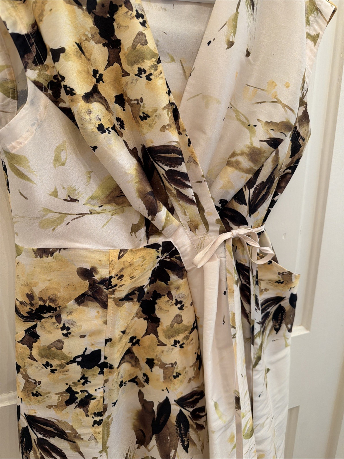 Donna Karan NY Floral Wrap Shimmer Floral Dress Waist Tie Pockets Size 14 $199