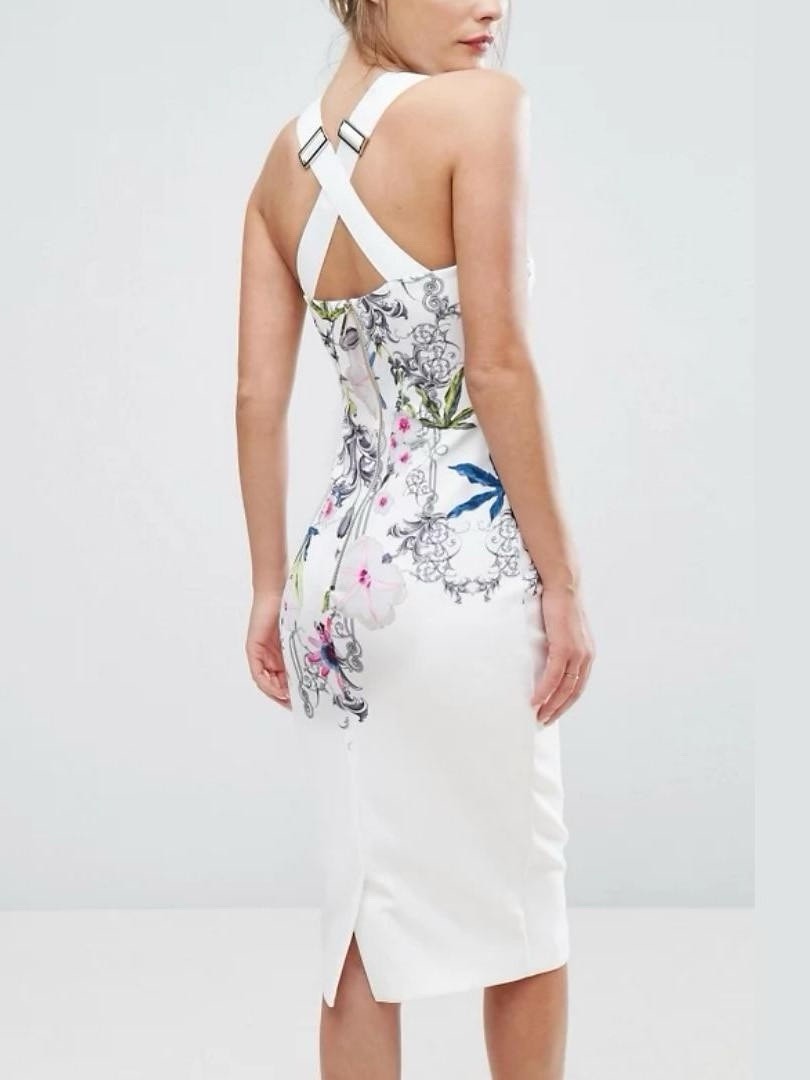 Ted Baker Scarlin Passion Flower Bodycon White Floral Print Midi Dress Garden