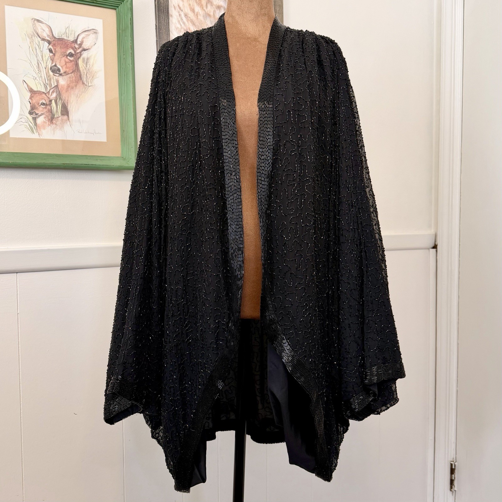 Vtg 60s 70s Silk Duster Opera Cape Beaded Kimono Whimsigoth Stevie Nicks Witchy