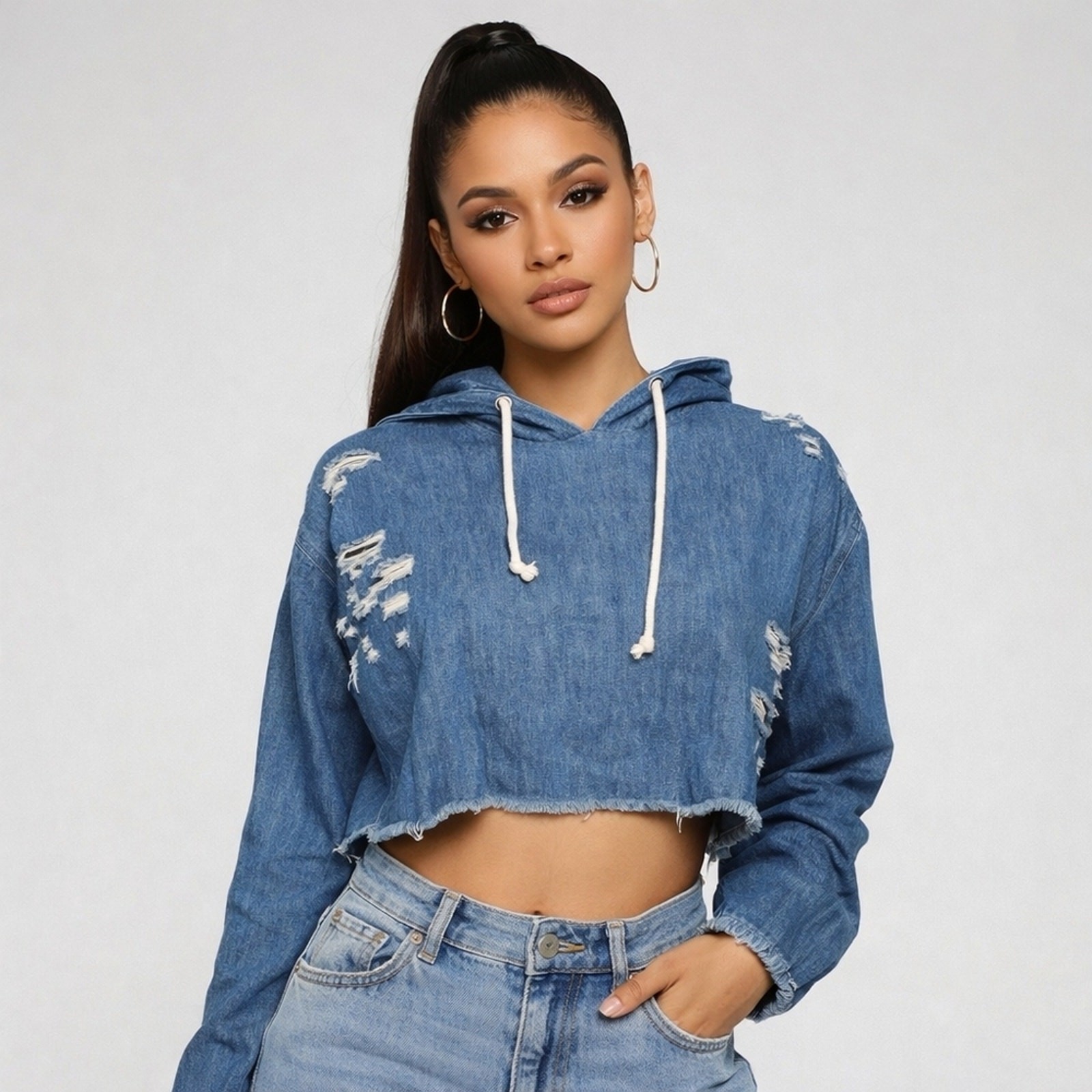 New Fashion Nova Distressed Denim Cropped Hoodie Top Medium Jenny From The Block
