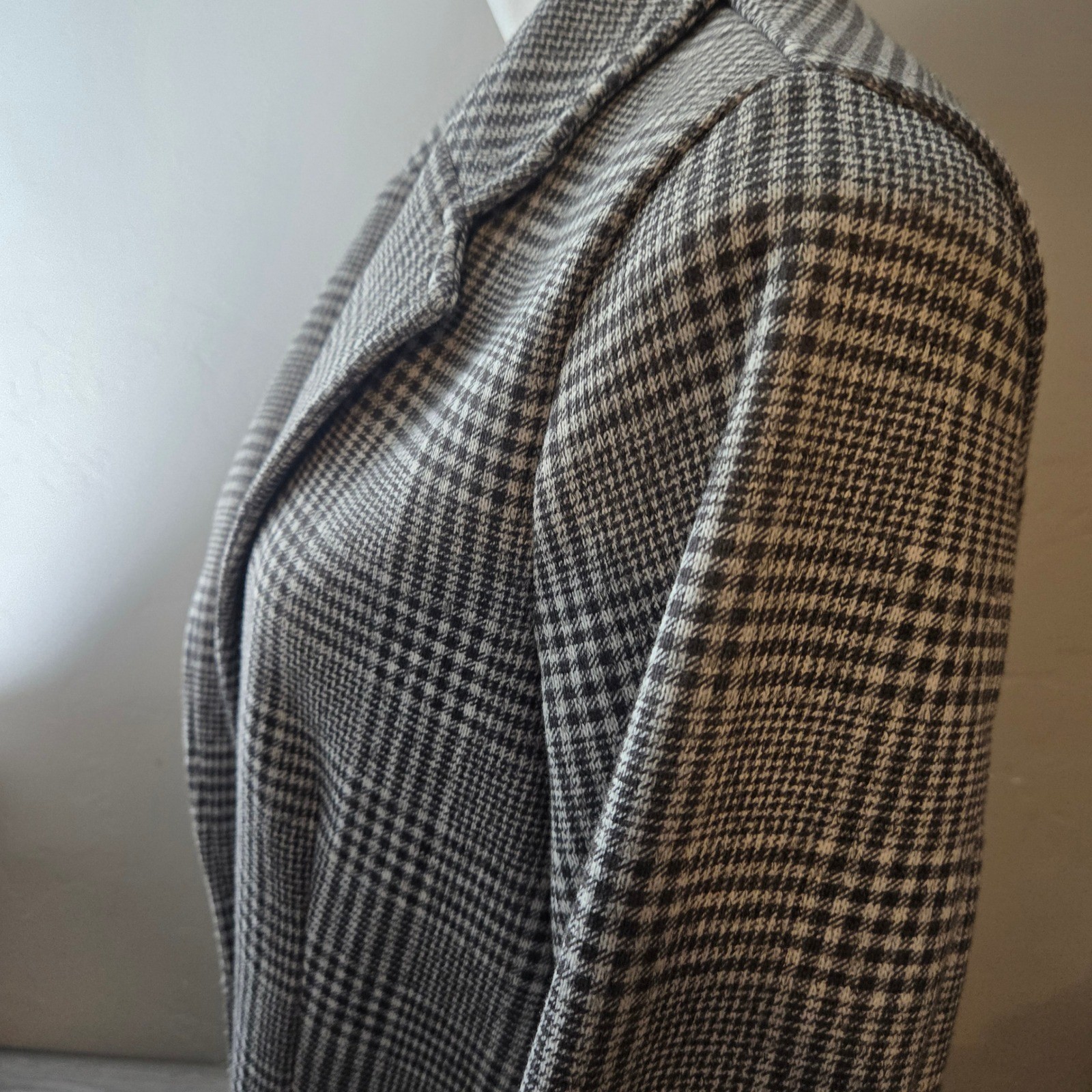 Lands’ End Black White Knit Blazer Size L Glen Plaid Single Button Fleece Lined