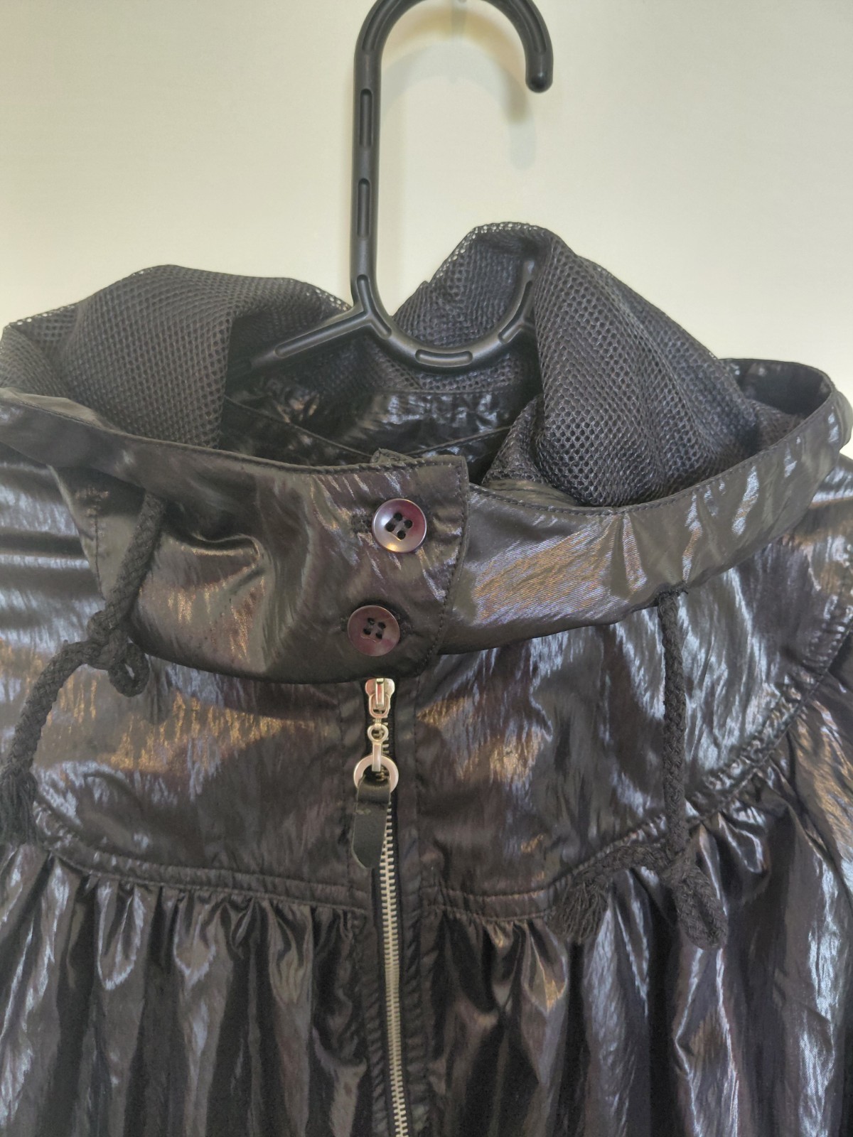 VTG Rosso Di Sera Italy Wet Look Shiny Black Jacket Hooded Y2K Cropped Balloon