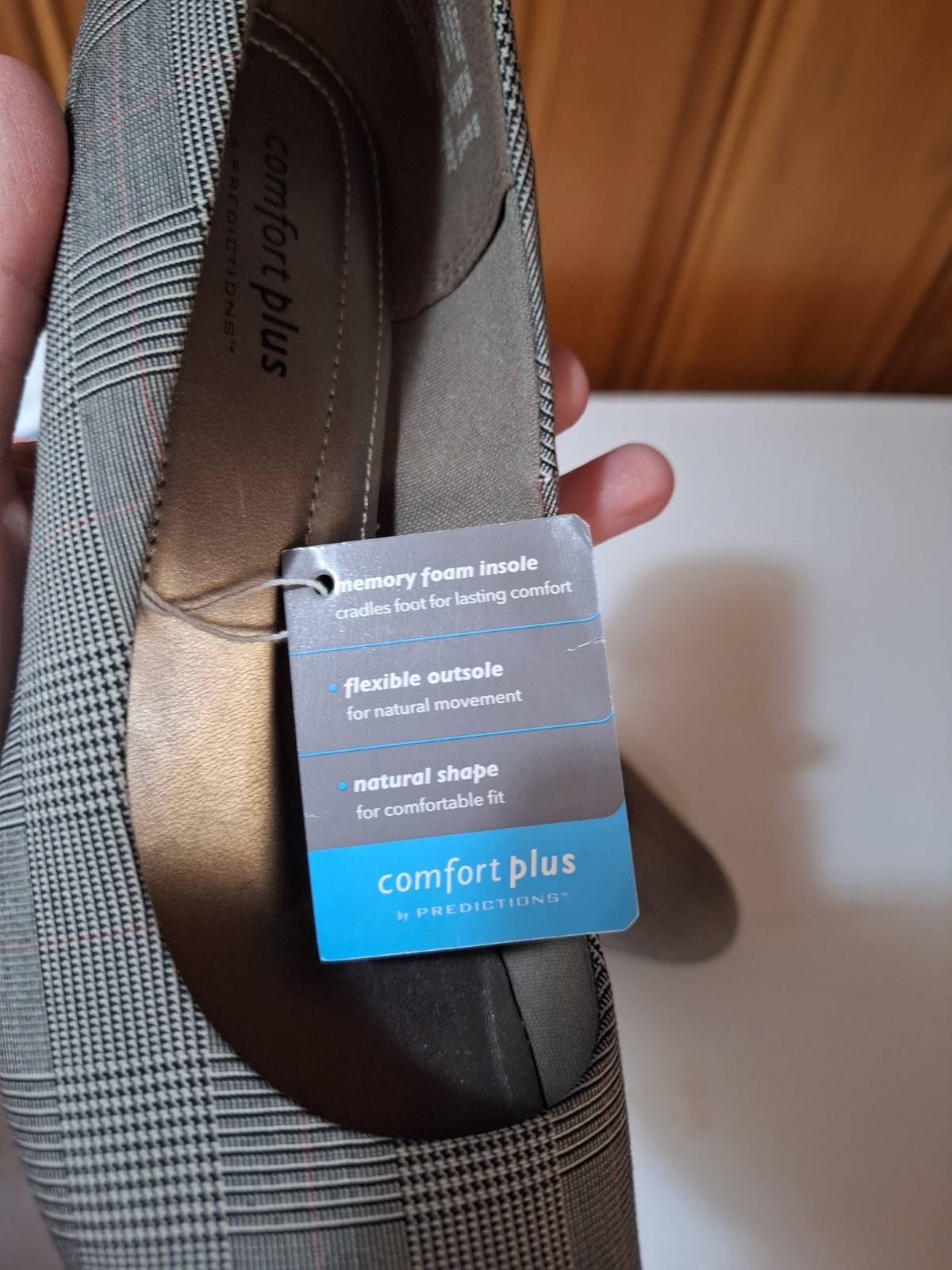 Comfort Plus Predictions Shoes Heel Gray Black Plaid 8W Pump Slip 3″ Flexible