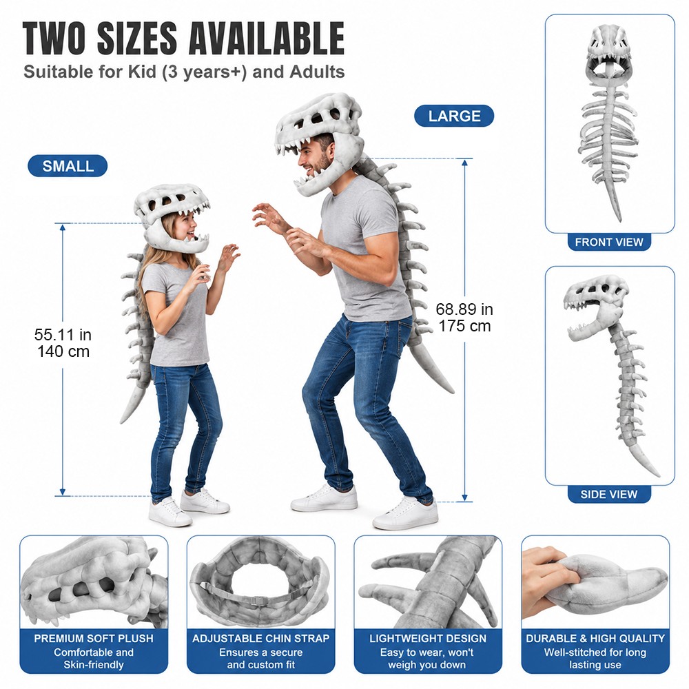 Dinosaur Skeleton Costume for Kids Halloween Cozy Plush 3D Dino Toy Skull Spine