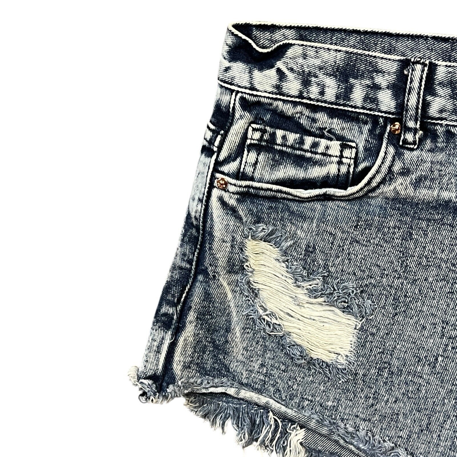 FOREVER 21 Denim Jean Shorts Blue Acid Wash Distressed Fringe Frayed Size 28
