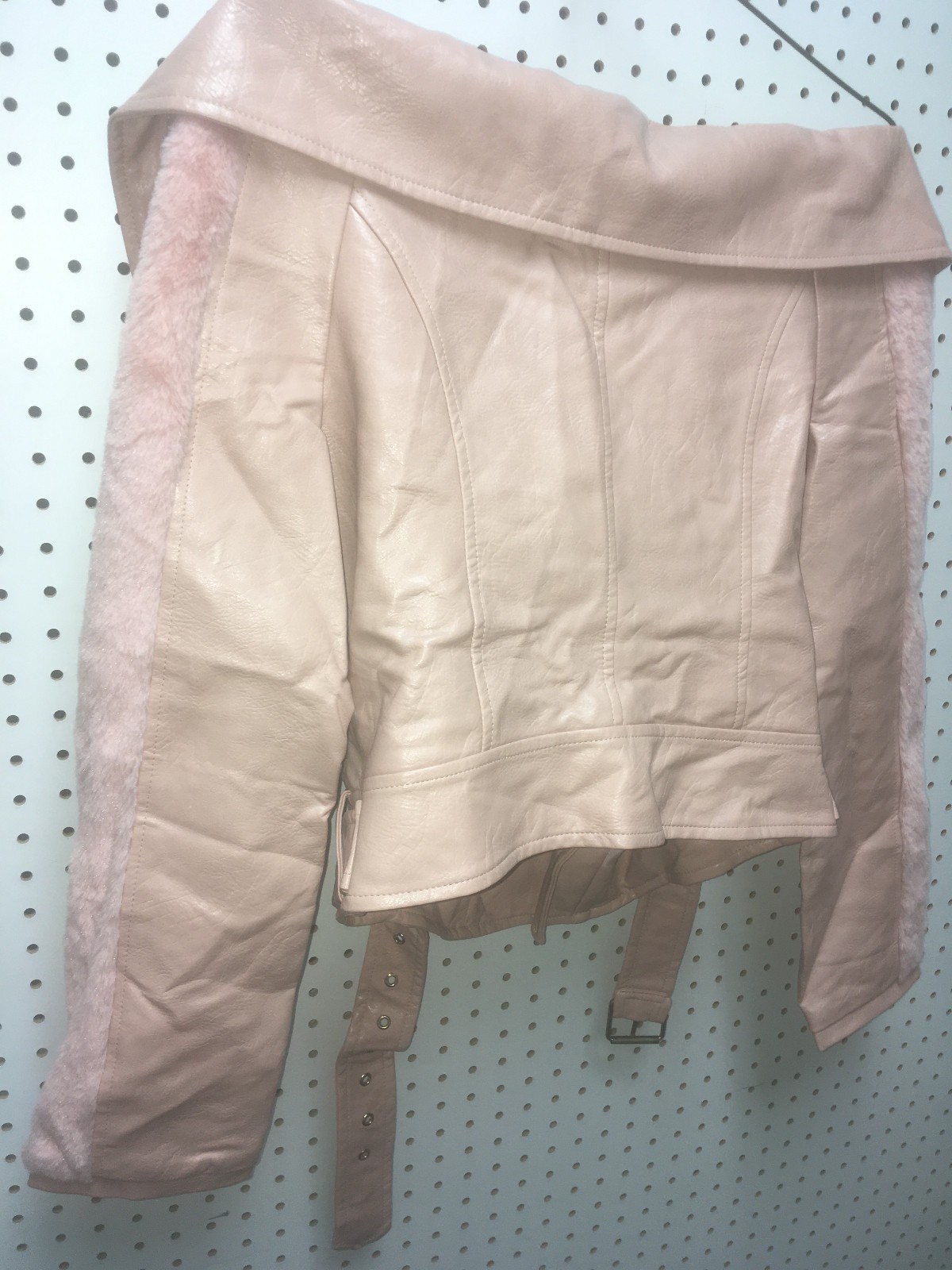 WOW Couture Faux Leather Off the shoulder biker jacket Pink , zip belt Size LRG