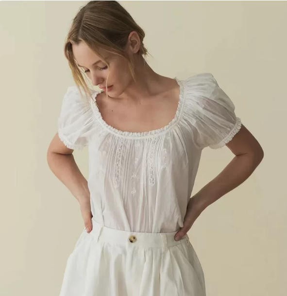 Doen Lace Blouse Top Round Neck Puff Sleeve Shirt Top for Women