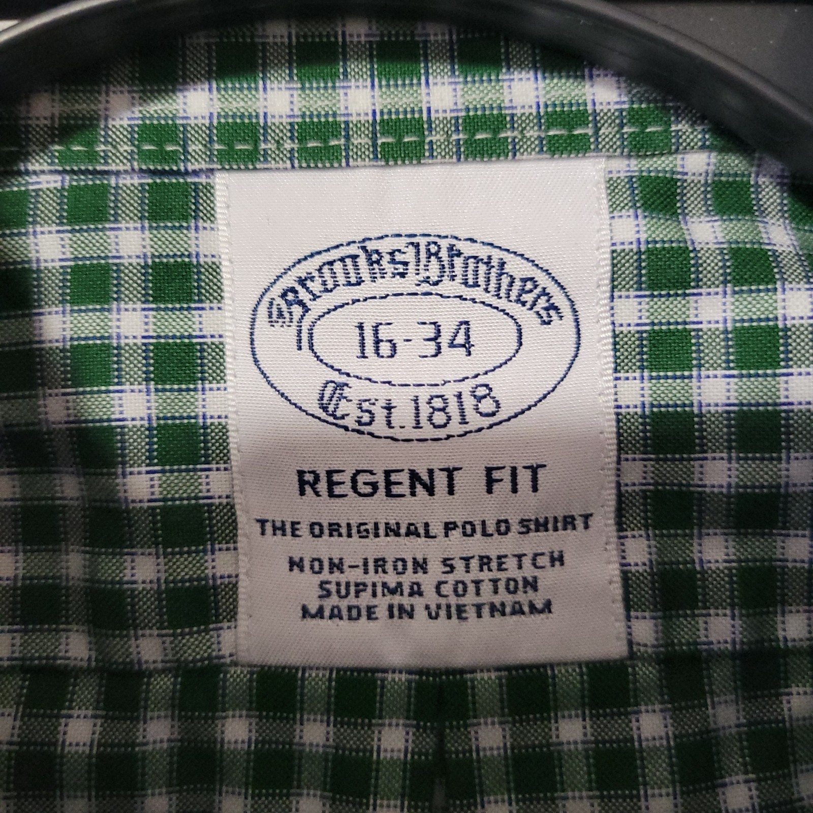 Brooks Brothers Regent Button Down Mens 16 34 Green Gingham Non Iron Stretch
