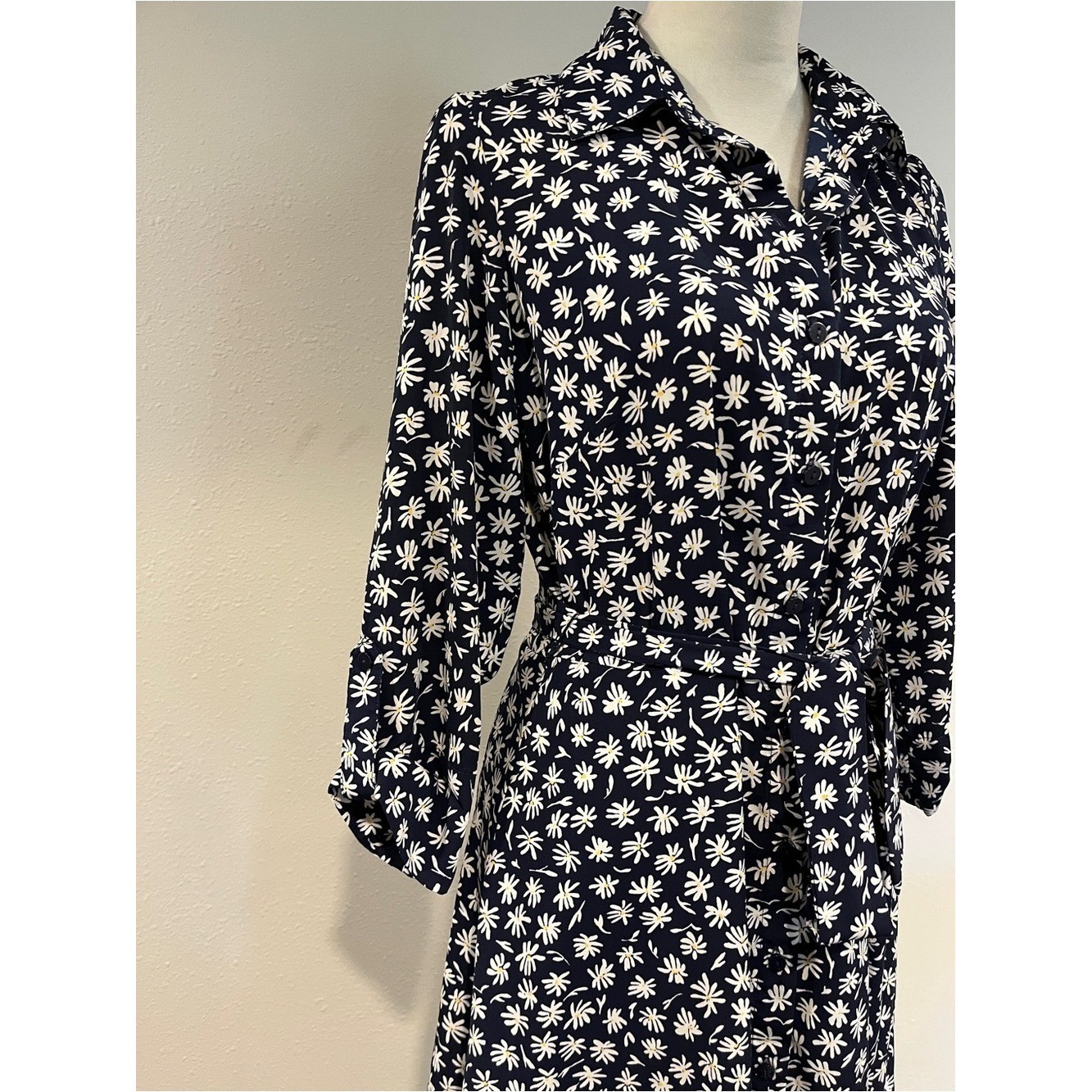 Navy and White Floral button down dress with belt