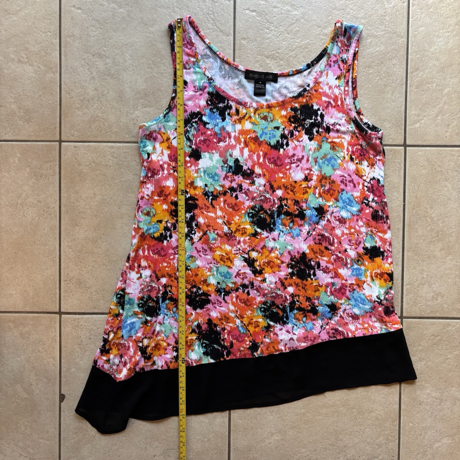 August Silk Floral Tank Top Asymmetric Sheer Chiffon Hem Sleeveless Blouse M