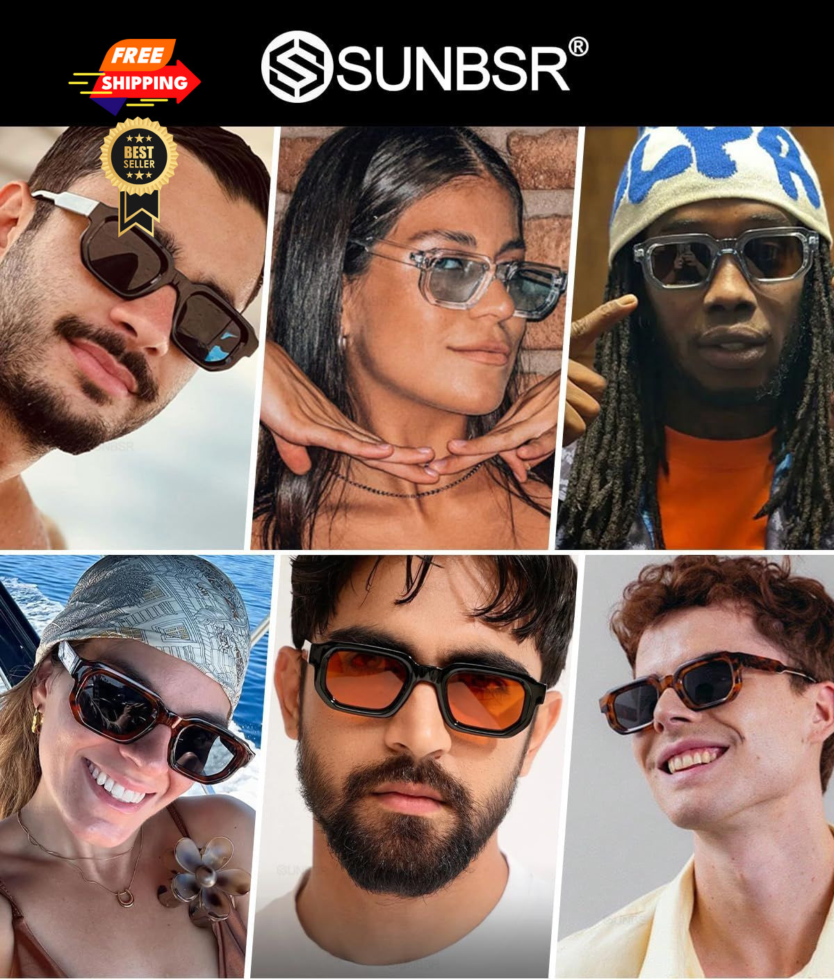 SUNBSR Retro Rectangle Sunglasses Mens Womens Orange 60mm, Grey+orange