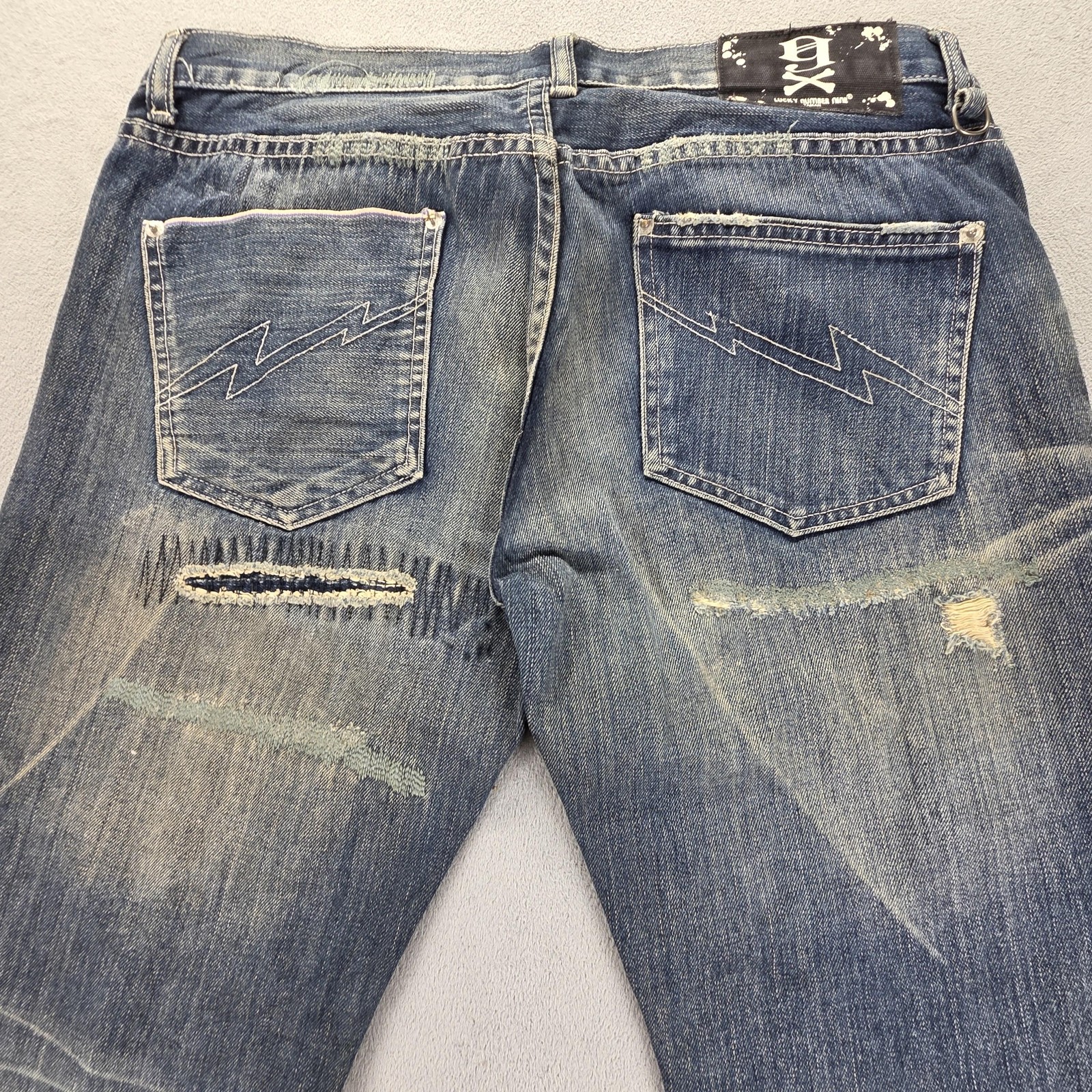Selvedge Jeans Mens Blue Thrashed Patchwork Whiskers Honeycomb Fits 33×31