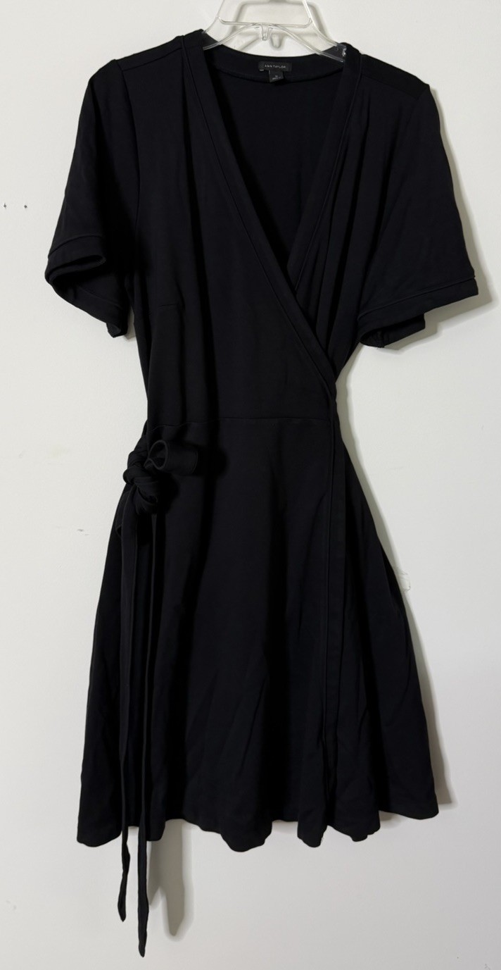Anne Taylor 14 Black True Wrap Knit Dress 40″L Rayon/Nylon/Span Med New No Tag