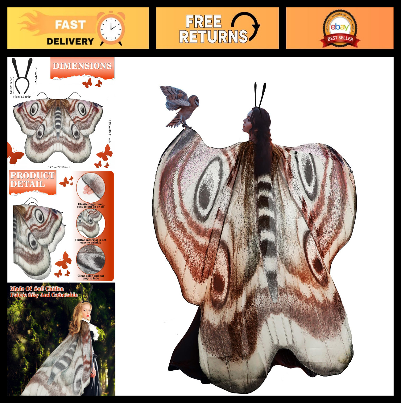 Halloween Moth Wings Costume Set for Women – Butterfly Shawl Cape & Headband 77″
