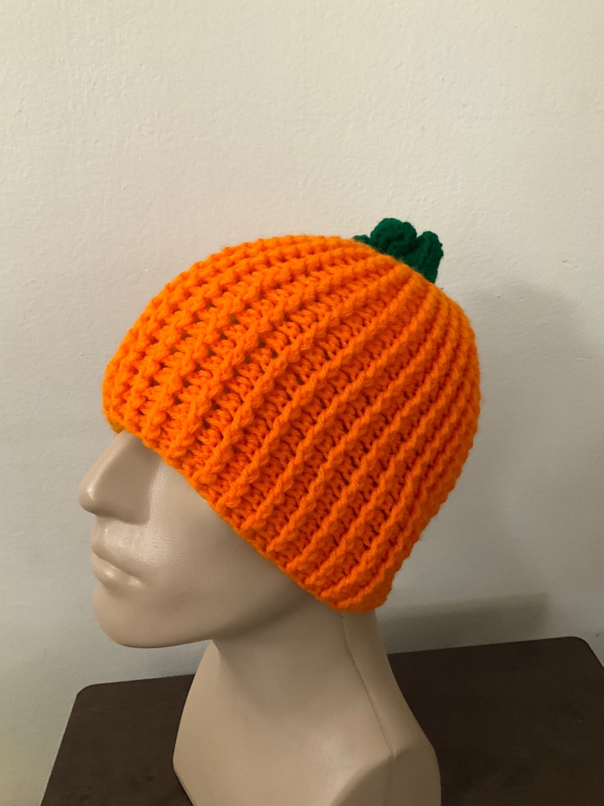 Adult Crochet Pumpkin Beanie Handmade Orange Green Stem Fall Knit Yarn Hat