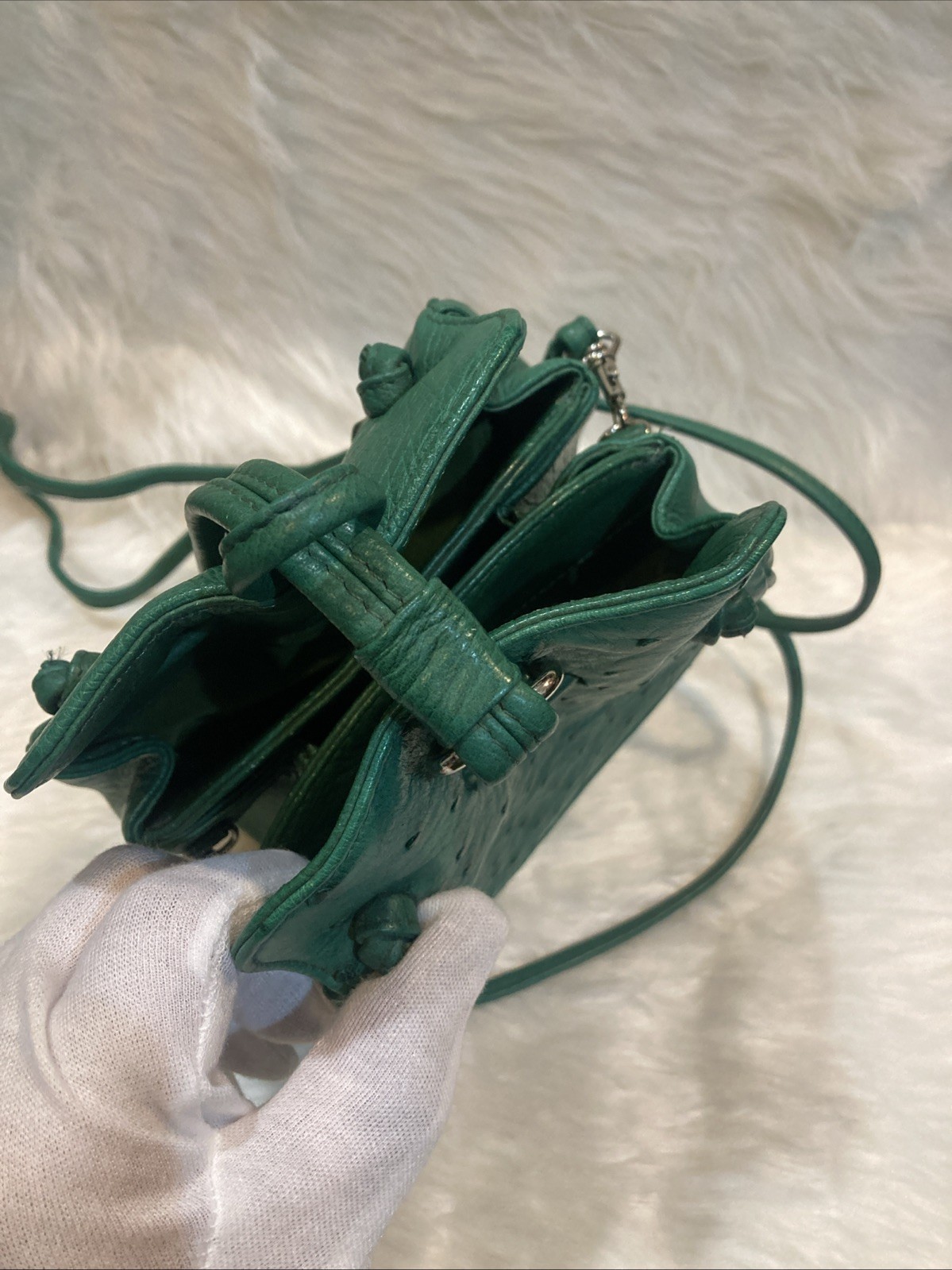 Ostrich Leather Shoulder Bag Green Crossbody Purse Women’s 17cm Vintage