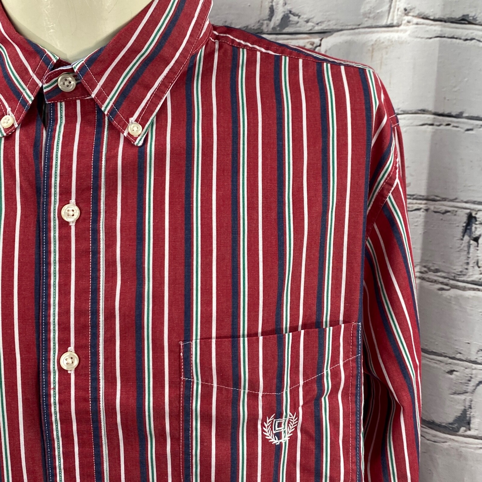 Chaps Men’s Easy Care Button Down Long Sleeve Cotton Blend Red Stripe Shirt XL