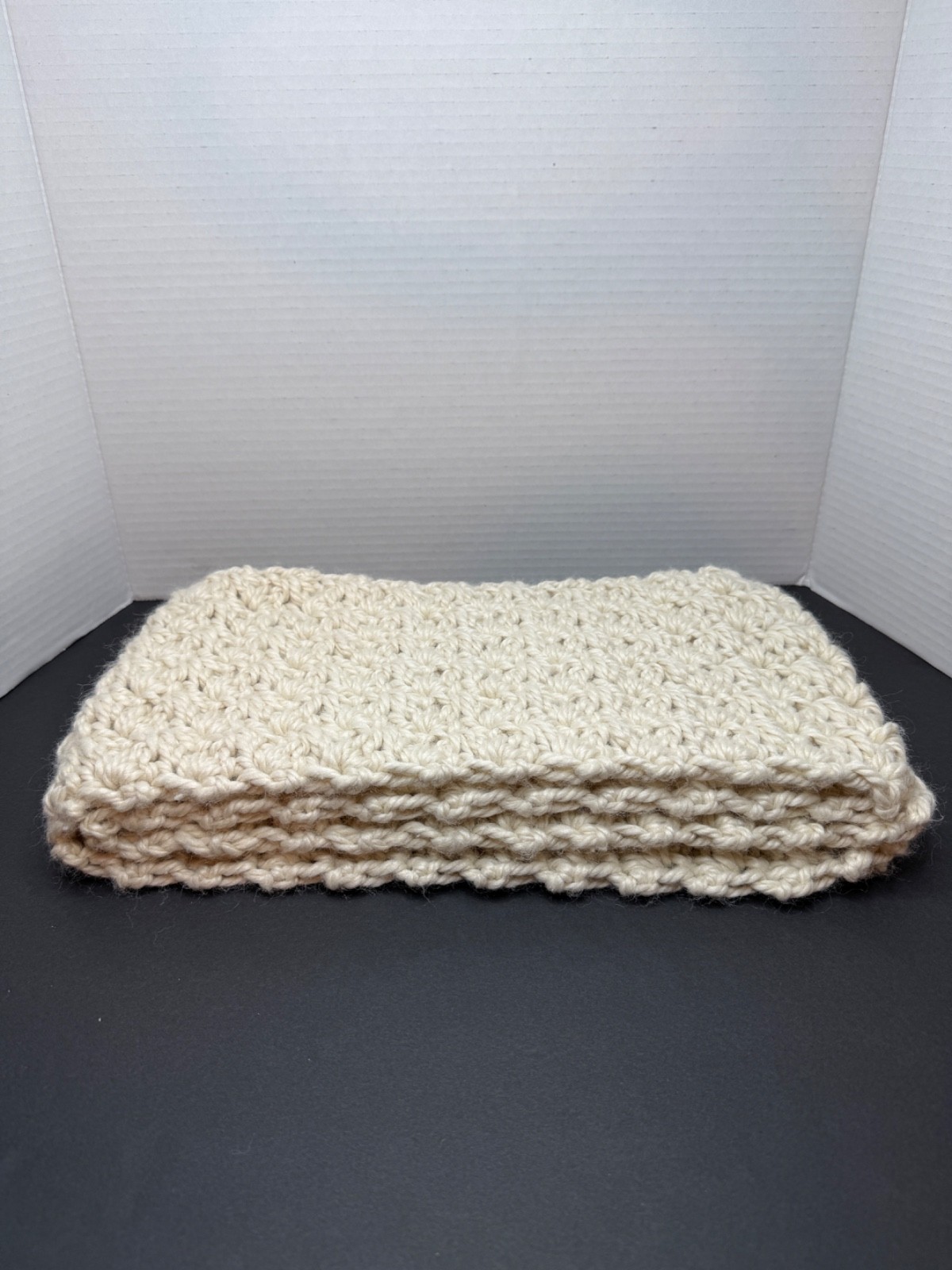 Handmade Crochet Scarf Ivory Eco-Friendly 100% Recycled Polyester Yarn – New