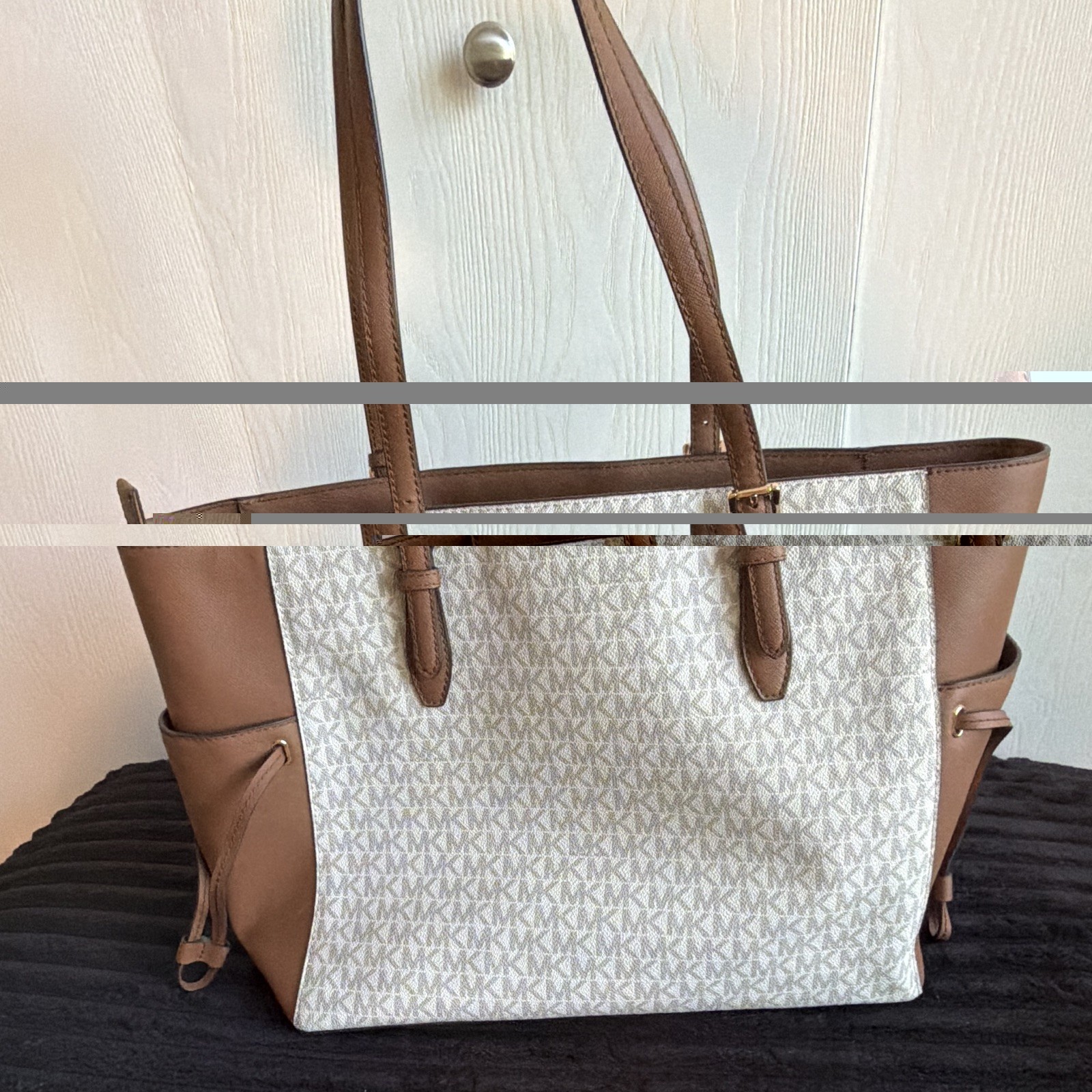 Michael Kors Monogram Large Tote Handbag Beige/Brown Gold Hardware MK Charm