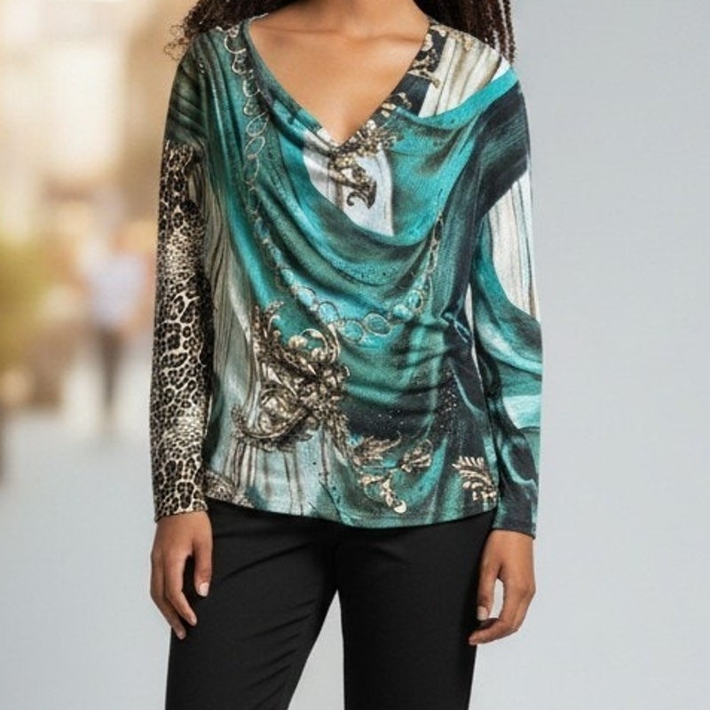 Alberto Makali Animal Print Shirt Sz L Grn Blk Gold Beaded Cotton Blend VTG