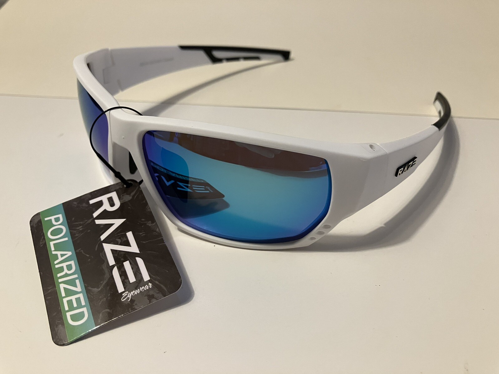 RAZE Eyewear Sunglasses Sonar Polarized White Blue Mirror Smoke 28444