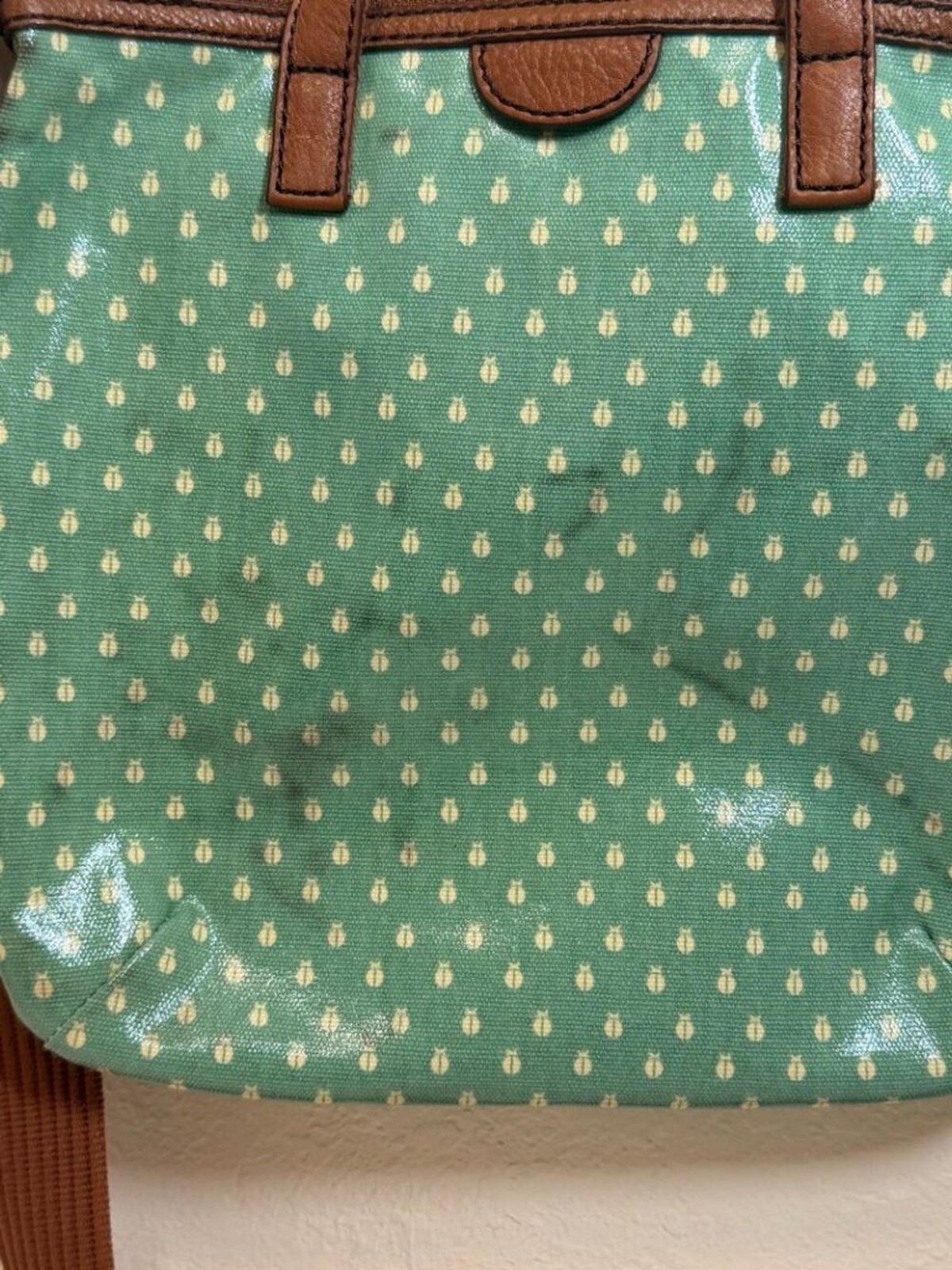 Fossil Key-Per Coated Canvas Crossbody Bag Green Ladybug Beetle Print Vintage
