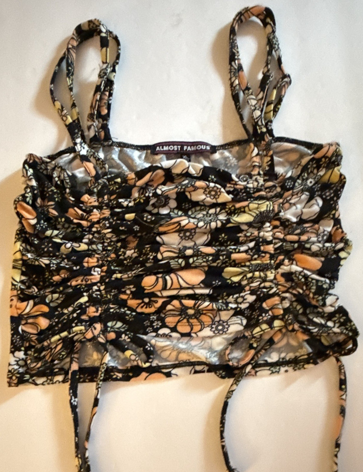 Almost Famous Floral Ruched Cropped Top Square Neck Size XL Adjustable Straps