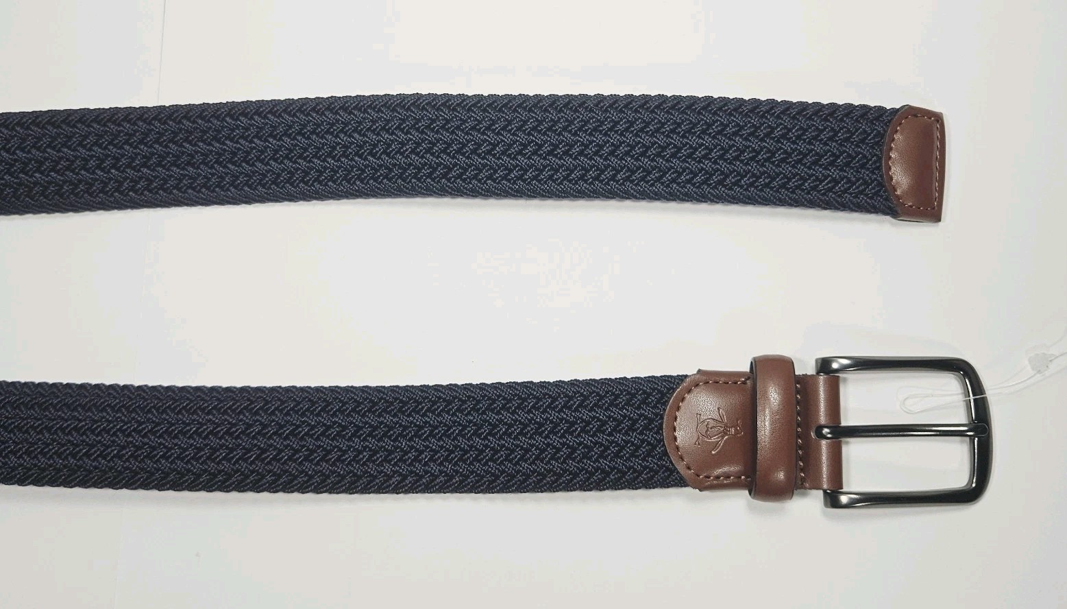 Penguin Men’s Belt Size S 30-32 Navy Blue Woven Brown Leather Stretch NWT