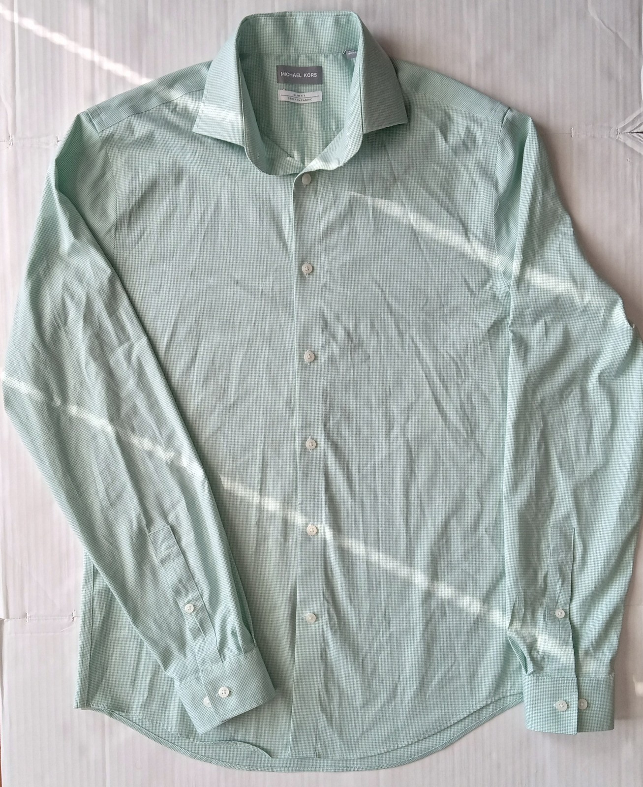 Michael Kors Slim Stretch Green/White Check Spread Collar Dress Shirt M 15 34/35