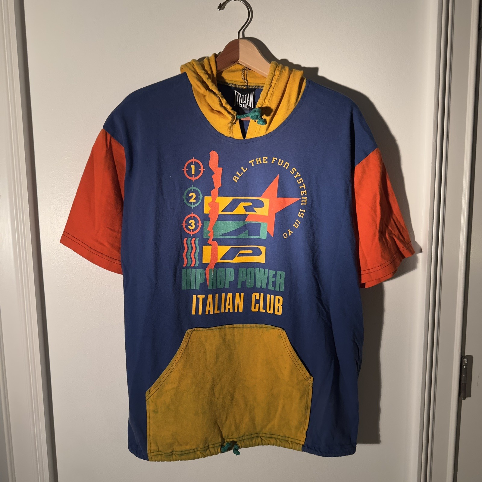 VINTAGE Hip Hop Power Italian Club Shirt Hoodie Men’s sz M/L Multicolor 90s Rap