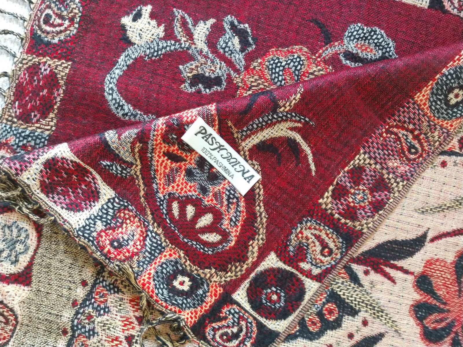 Pashmina Scarf Wrap Shawl Woven Tan Black Orange Paisley Fringe 27 x 68 inches