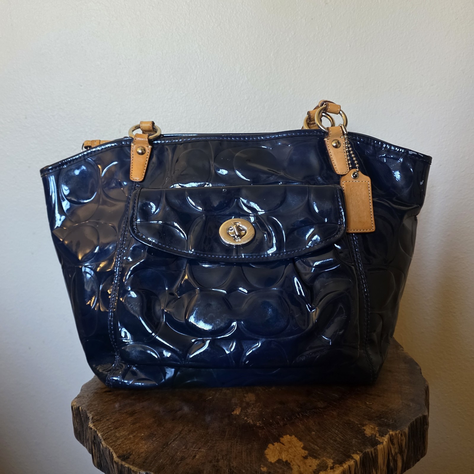 Coach Leah Navy Blue Patent Leather Tote Bag F14663 Embossed Logo Turnlock Large